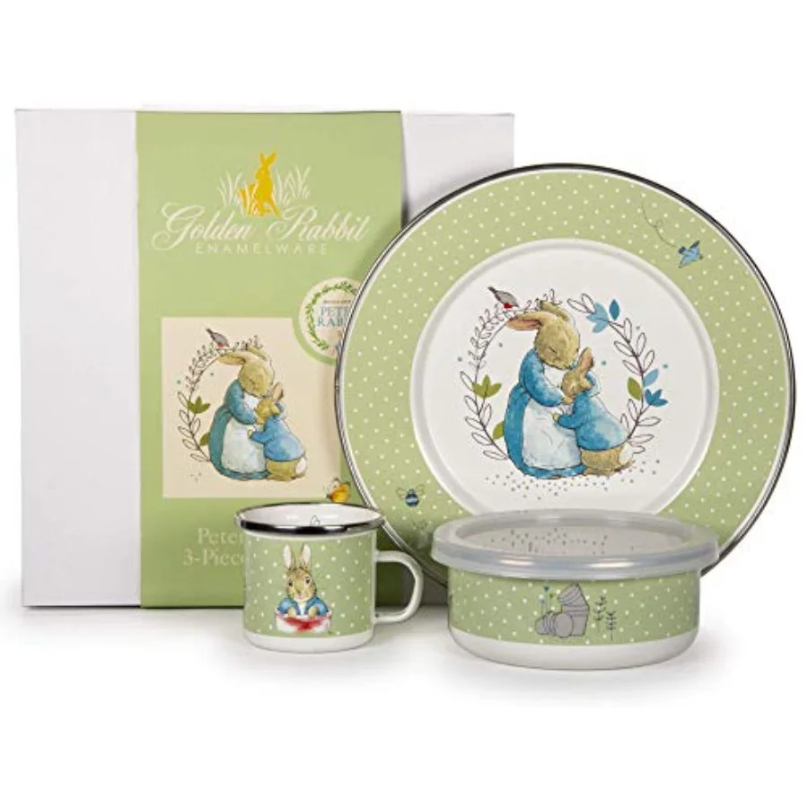 Golden Rabbit Enamelware Child Dinnerware Set: Plate Mug and Bowl with Lid
Golden Rabbit Enamelware Child Dinnerware Set: Plate Mug and Bowl with Lid