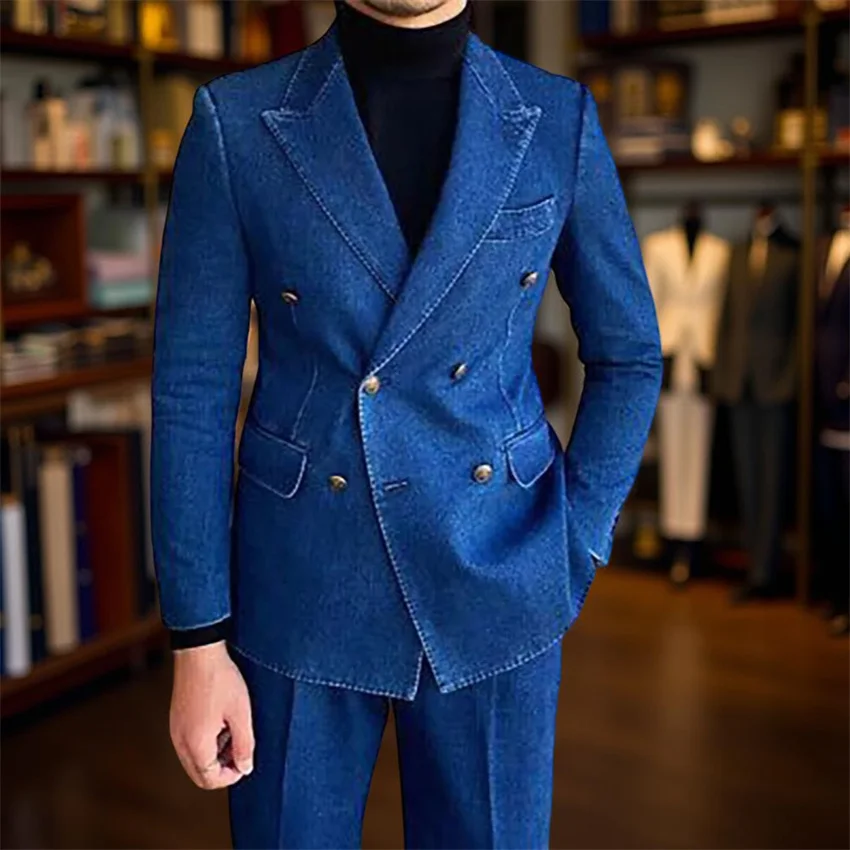 Denim Double Breasted Suits for Men Business Male Fashion Casual Style 2 Pieces Silm Fit Suit Set Blazer with Pants Set Costume
Denim Double Breasted Suits for Men Business Male Fashion Casual Style 2 Pieces Silm Fit Suit Set Blazer with Pants Set Costume