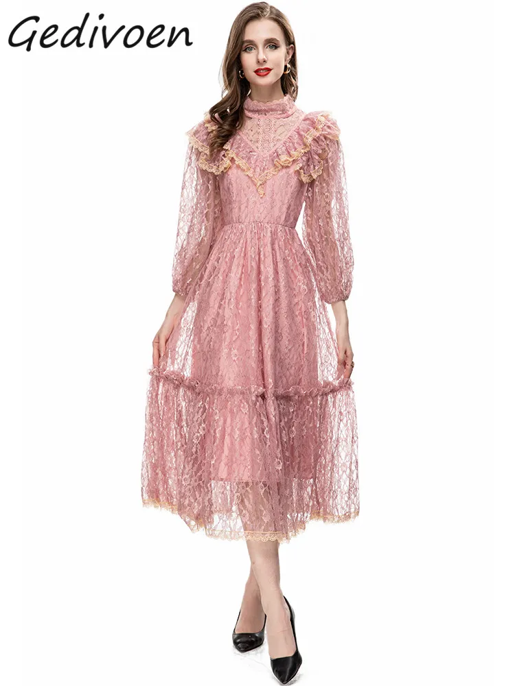 Gedivoen Summer Fashion Designer Pink Vintage Party Dress Women Stand Collar Long Sleeve Lace Ruffles Spliced A-LINE Long Dress
Gedivoen Summer Fashion Designer Pink Vintage Party Dress Women Stand Collar Long Sleeve Lace Ruffles Spliced A-LINE Long Dress