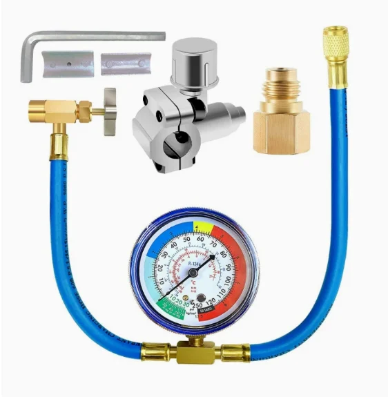 For A/C Refrigerant System Durable Refrigerator Freon Recharge Hose With Gauge Kit R134A R12 R22,With BPV31 Piercing Tap Valve
For A/C Refrigerant System Durable Refrigerator Freon Recharge Hose With Gauge Kit R134A R12 R22,With BPV31 Piercing Tap Valve