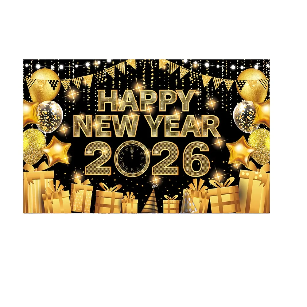 Black Gold 2026 New Year Backdrops Colorful Balloon Night Glittering Celebration Banner Champagne Polyester Party Background
Black Gold 2026 New Year Backdrops Colorful Balloon Night Glittering Celebration Banner Champagne Polyester Party Background