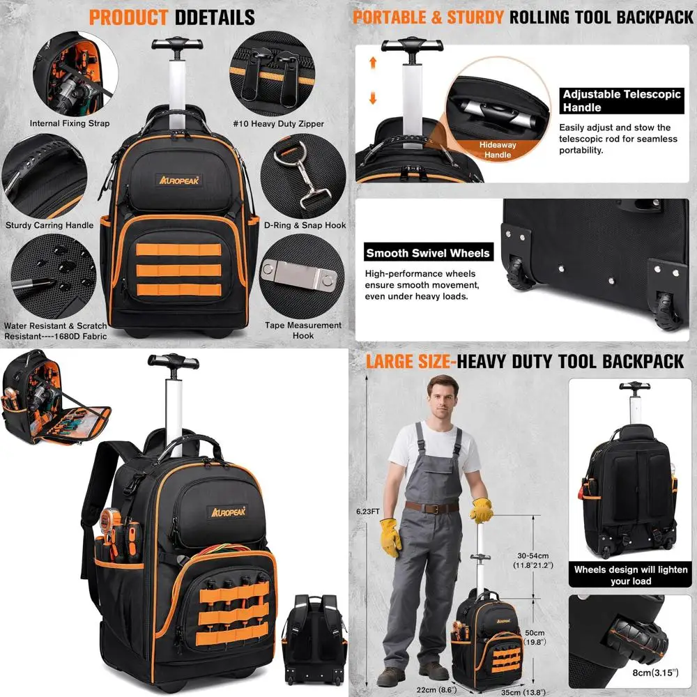 Heavy-Duty 2-in-1 Rolling Tool Backpack with 47 Pockets, Wheels, and Retractable Handle for HVAC, Electrician, and Construction
Heavy-Duty 2-in-1 Rolling Tool Backpack with 47 Pockets, Wheels, and Retractable Handle for HVAC, Electrician, and Construction