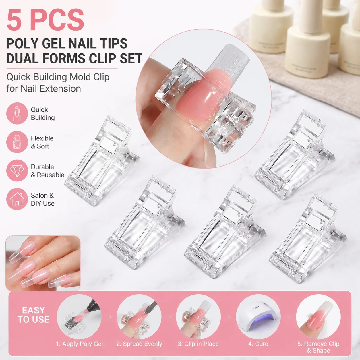 5 Pcs Flexible Soft Poly Gel Nail Tips Dual Forms Quick Building Mold Clip Set Finger Nail Extension Acrylic UV Builder Manicure Tools Kit for Professional Salon DIY Nail Art Design At Home Accessories
5 Pcs Flexible Soft Poly Gel Nail Tips Dual Forms Quick Building Mold Clip Set Finger Nail Extension Acrylic UV Builder Manicure Tools Kit for Professional Salon DIY Nail Art Design At Home Accessories