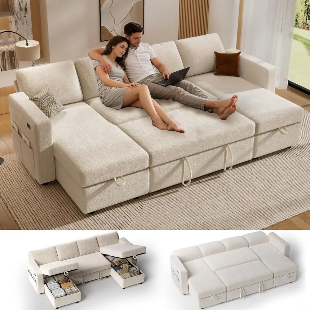 Sectional Sofa with Pull-Out Bed, Storage Chaise, Reclining Couch, USB Ports, Easy Assembly, Chenille Beige
Sectional Sofa with Pull-Out Bed, Storage Chaise, Reclining Couch, USB Ports, Easy Assembly, Chenille Beige