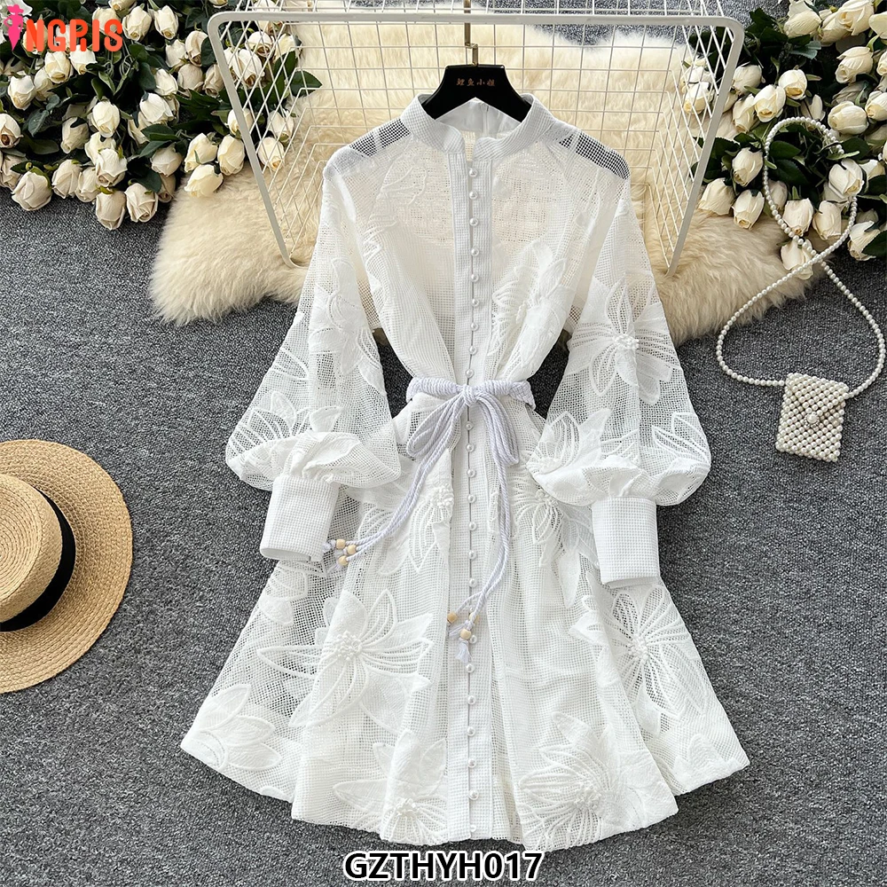 Lace Dress With Tie-Waist Hollow-Out Embroidery Single Button A-Line Flared Dress Clothes for Women-GZTHYH017
Lace Dress With Tie-Waist Hollow-Out Embroidery Single Button A-Line Flared Dress Clothes for Women-GZTHYH017