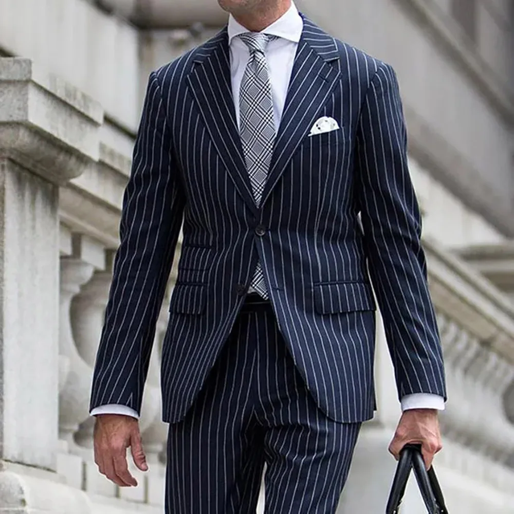 Navy Blue Men's Suits Stripe Pattern Notch Lapel Single Breasted 2 Piece Jacket Pants Skinny Blazer Formal Business Costume Set
Navy Blue Men's Suits Stripe Pattern Notch Lapel Single Breasted 2 Piece Jacket Pants Skinny Blazer Formal Business Costume Set