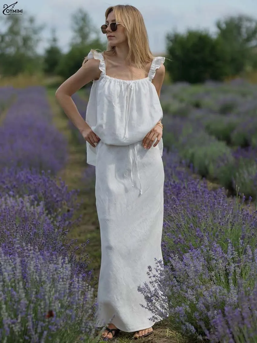 Oymimi Fashion White Cotton Woman 2 Piece Set Outfit Elegant Spaghetti Strap Ruffled Lace-Up Blouses And Drawstring Skirts Stes
Oymimi Fashion White Cotton Woman 2 Piece Set Outfit Elegant Spaghetti Strap Ruffled Lace-Up Blouses And Drawstring Skirts Stes
