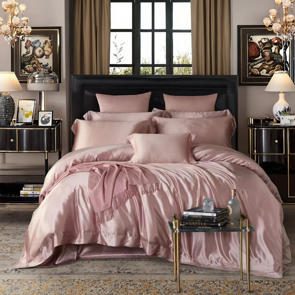 Luxury 4-pieces Textile Solid Color 2m/2.2m Bedsheet Flat Sheets 1.8m pink Quilt Cover Mulberry Silk Bedding Set Manufacture
Luxury 4-pieces Textile Solid Color 2m/2.2m Bedsheet Flat Sheets 1.8m pink Quilt Cover Mulberry Silk Bedding Set Manufacture