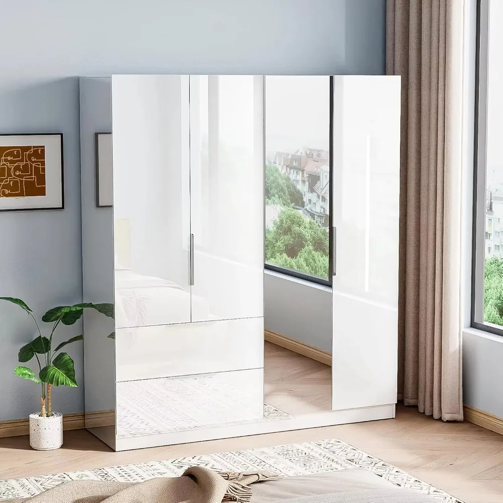 72.8" H Wardrobe Closet with Mirror, High Gloss 4 Door Armoire with 2 Drawers, Wardrobe Cabinet with Hanging Rod & Shelve
72.8" H Wardrobe Closet with Mirror, High Gloss 4 Door Armoire with 2 Drawers, Wardrobe Cabinet with Hanging Rod & Shelve