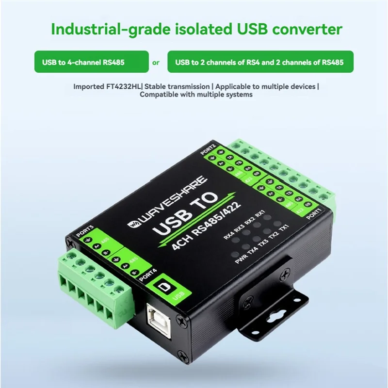 Промышленная изоляция Smart-Waveshare, 4-канальный преобразователь USB в RS485/422 FT4232HL, чип USB в 2-канальный RS485 + 2-канальный RS485/422 
Промышленная изоляция Smart-Waveshare, 4-канальный преобразователь USB в RS485/422 FT4232HL, чип USB в 2-канальный RS485 + 2-канальный RS485/422