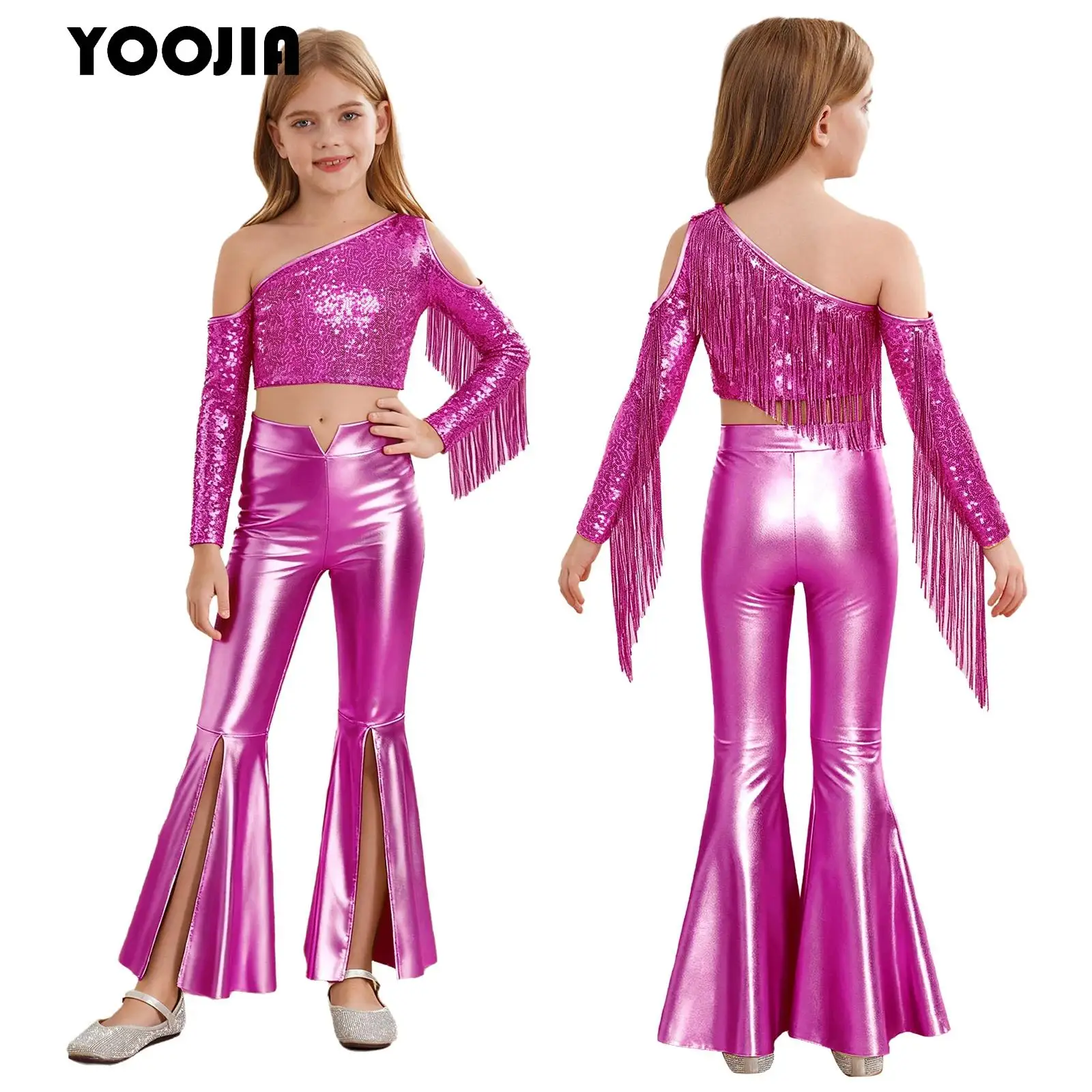 Girls Metallic 70s Disco Hippie Costume Outfits Tassels Shiny Sequins Crop Top with Split Bell-Bottom Pants Latin Jazz Dancewear
Girls Metallic 70s Disco Hippie Costume Outfits Tassels Shiny Sequins Crop Top with Split Bell-Bottom Pants Latin Jazz Dancewear