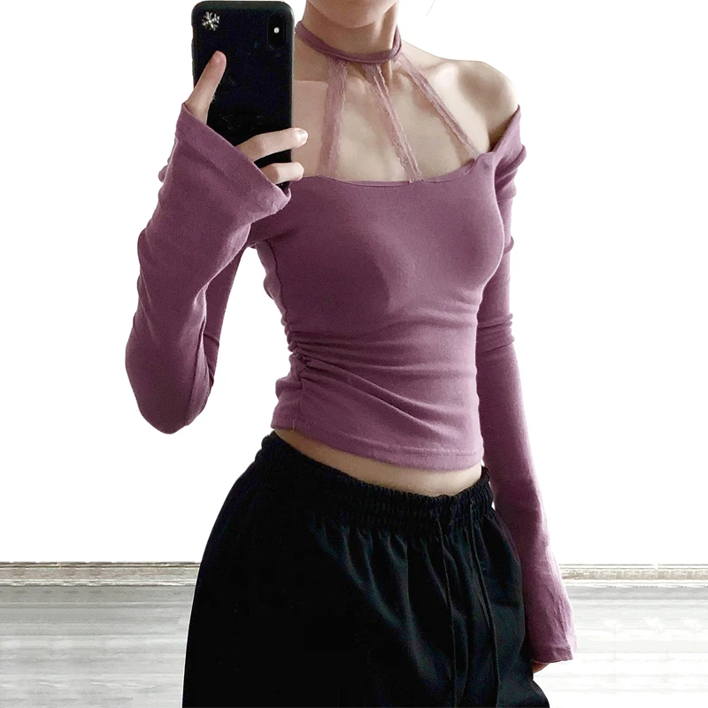 Elegant Solid Lace Halterneck Cropped T-Shirt Casual Slim Long Sleeve Tees Women 2025 Autumn Spring Streetwear Basic Tees Ladies
Elegant Solid Lace Halterneck Cropped T-Shirt Casual Slim Long Sleeve Tees Women 2025 Autumn Spring Streetwear Basic Tees Ladies
