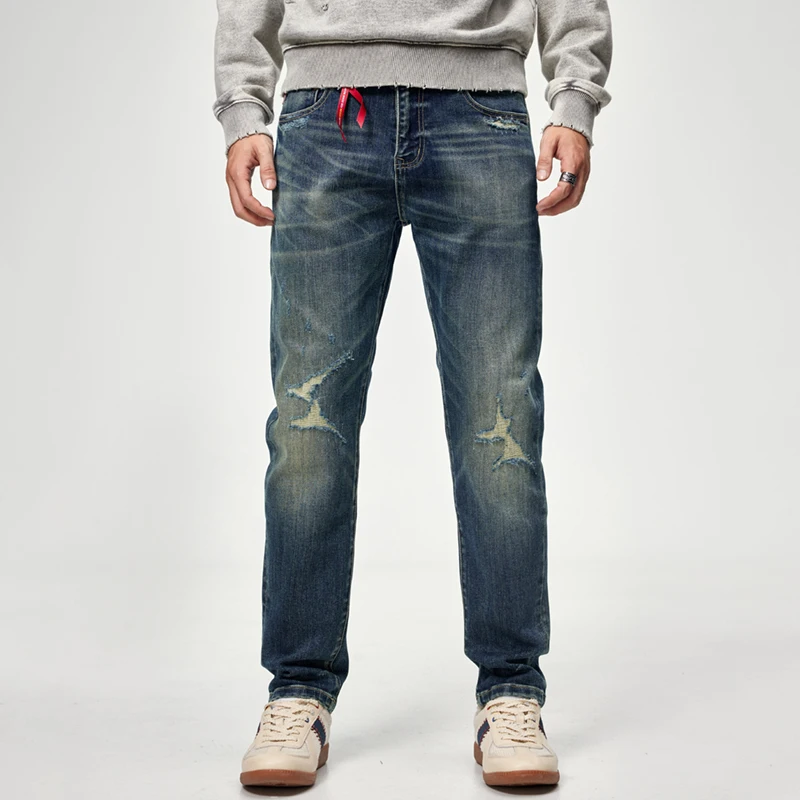 Fall and winter tide American retro fashion washed high-end fabric denim hole Slim men's small straight pants
Fall and winter tide American retro fashion washed high-end fabric denim hole Slim men's small straight pants