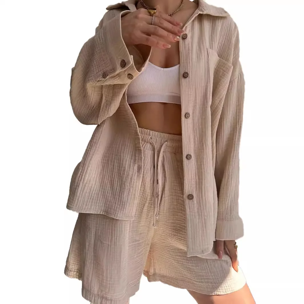 Wrinkled Cloth Lapel Collar Long-sleeved Shirt High Waist Drawstring Shorts Casual Two-piece Set 2025 Spring And Summer New
Wrinkled Cloth Lapel Collar Long-sleeved Shirt High Waist Drawstring Shorts Casual Two-piece Set 2025 Spring And Summer New