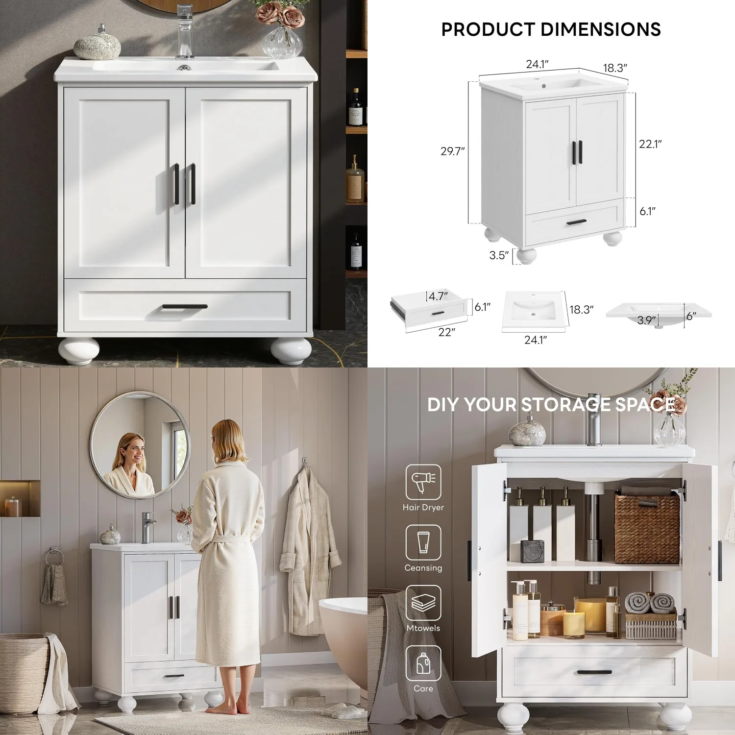 24in Vanity Ceramic Sink Cabinet 2 Doors 1 Drawer Wood Legs White Small Bathroom Apartment, Customized
24in Vanity Ceramic Sink Cabinet 2 Doors 1 Drawer Wood Legs White Small Bathroom Apartment, Customized
