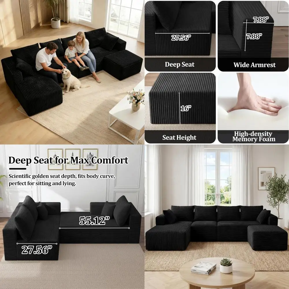 Oversized U-Shaped Sectional Sofa with Chaise, Deep Seating Cloud Couch, No Assembly - Black
Oversized U-Shaped Sectional Sofa with Chaise, Deep Seating Cloud Couch, No Assembly - Black