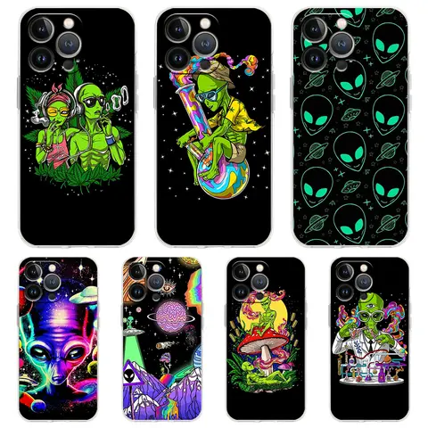 Cartoon Alien Cute Case for iPhone 16 15 14 13 12 Pro Max Cover Transparent Soft for iPhone 11 Pro Max 7 8 Plus XS XR Bags Capas