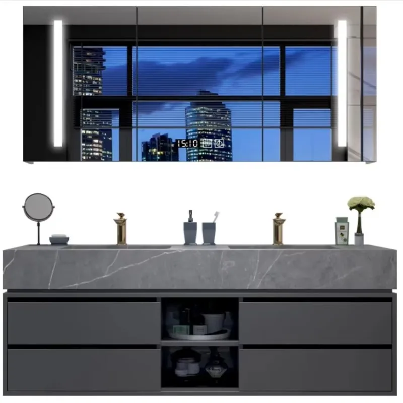 Wall-mounted marble and solid wood cabinets double sinks modern bathroom vanity with smart led lights
Wall-mounted marble and solid wood cabinets double sinks modern bathroom vanity with smart led lights