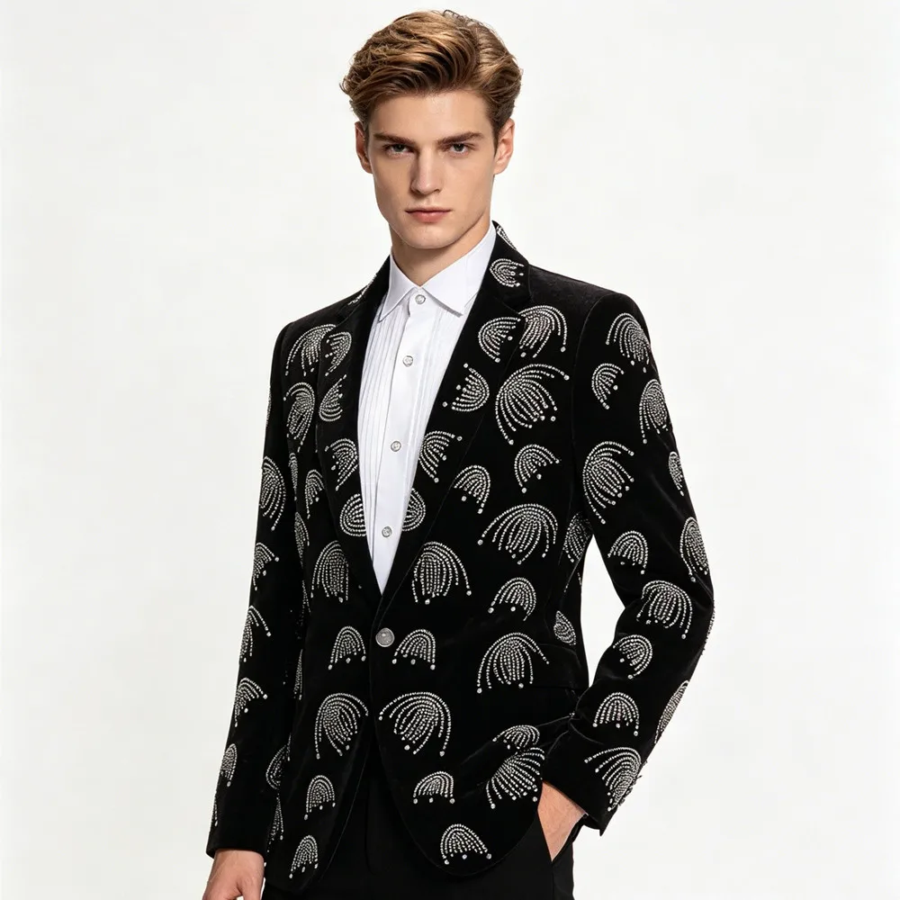 Male Singer Star Stage Performance Shiny Rhinestones Blazers Black Velvet Crystal Diamond Suit Jacket Groom Wedding Tuxedo Coat
Male Singer Star Stage Performance Shiny Rhinestones Blazers Black Velvet Crystal Diamond Suit Jacket Groom Wedding Tuxedo Coat