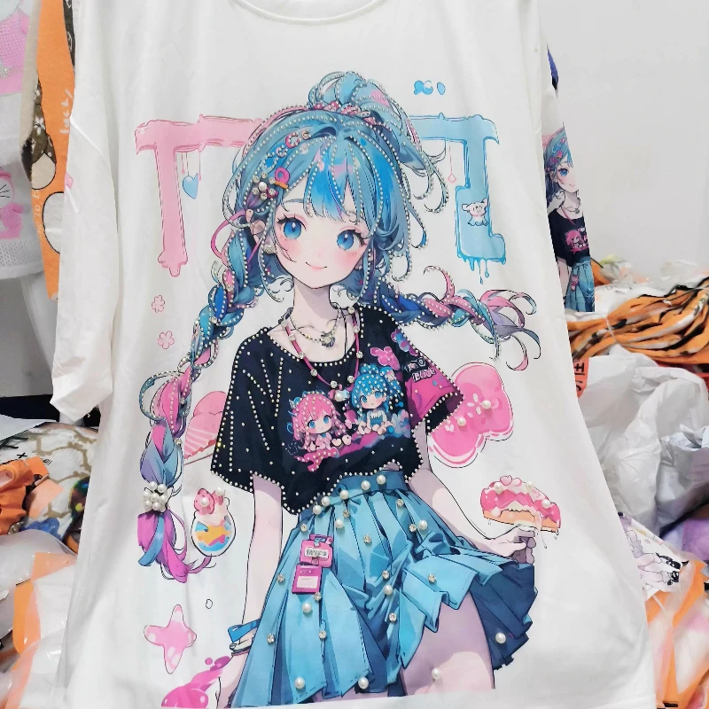 Dophee Original Summer Women Round Neck Pullover Top Cartoon Printed Diamonds Beads Short Sleeve Tees Students Sweet T-shirt
Dophee Original Summer Women Round Neck Pullover Top Cartoon Printed Diamonds Beads Short Sleeve Tees Students Sweet T-shirt