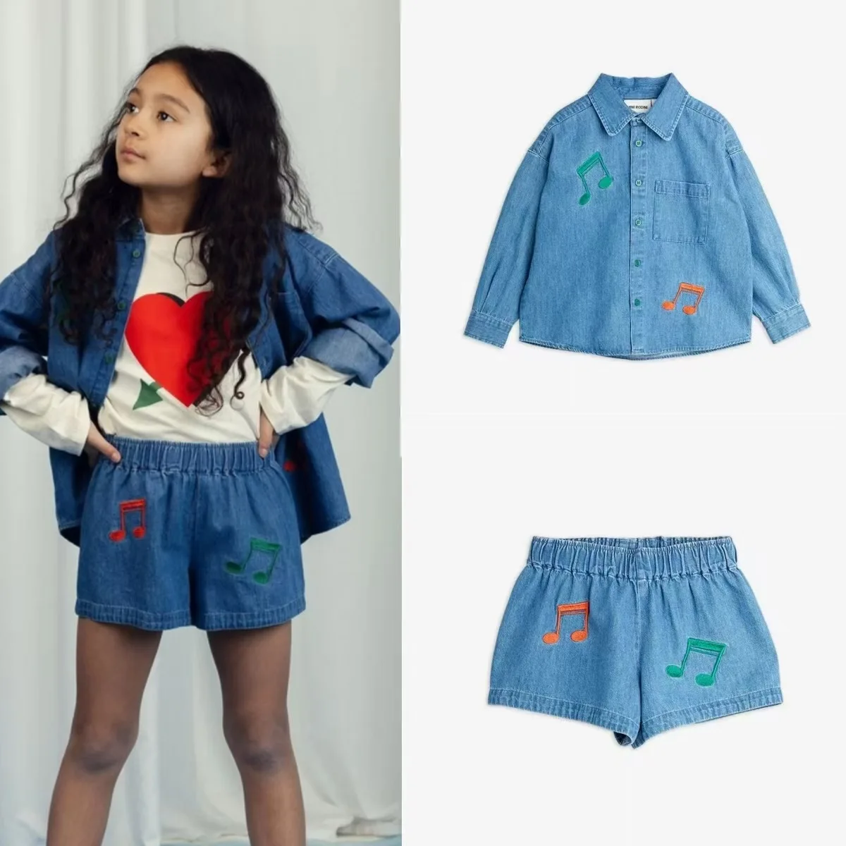In stock! Summer M.r series Girls' long-sleeved denim musical note embroidered cartoon sweatshirt and shorts set for children
In stock! Summer M.r series Girls' long-sleeved denim musical note embroidered cartoon sweatshirt and shorts set for children
