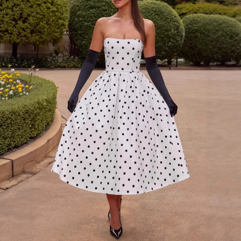 Fashion Sexy Strapless Backless Women Dress Cute Polka Dots Print High Waist Long Dresses Summer A-Line Hollow Out Evening Dress
Fashion Sexy Strapless Backless Women Dress Cute Polka Dots Print High Waist Long Dresses Summer A-Line Hollow Out Evening Dress