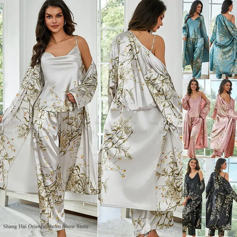 Spring Autumn New Female 3PCS Robe Pajamas Set Print Cherry Flower Long Bathrobe Kimono Gown Trouser Pijamas Suit Rayon Homewear
Spring Autumn New Female 3PCS Robe Pajamas Set Print Cherry Flower Long Bathrobe Kimono Gown Trouser Pijamas Suit Rayon Homewear