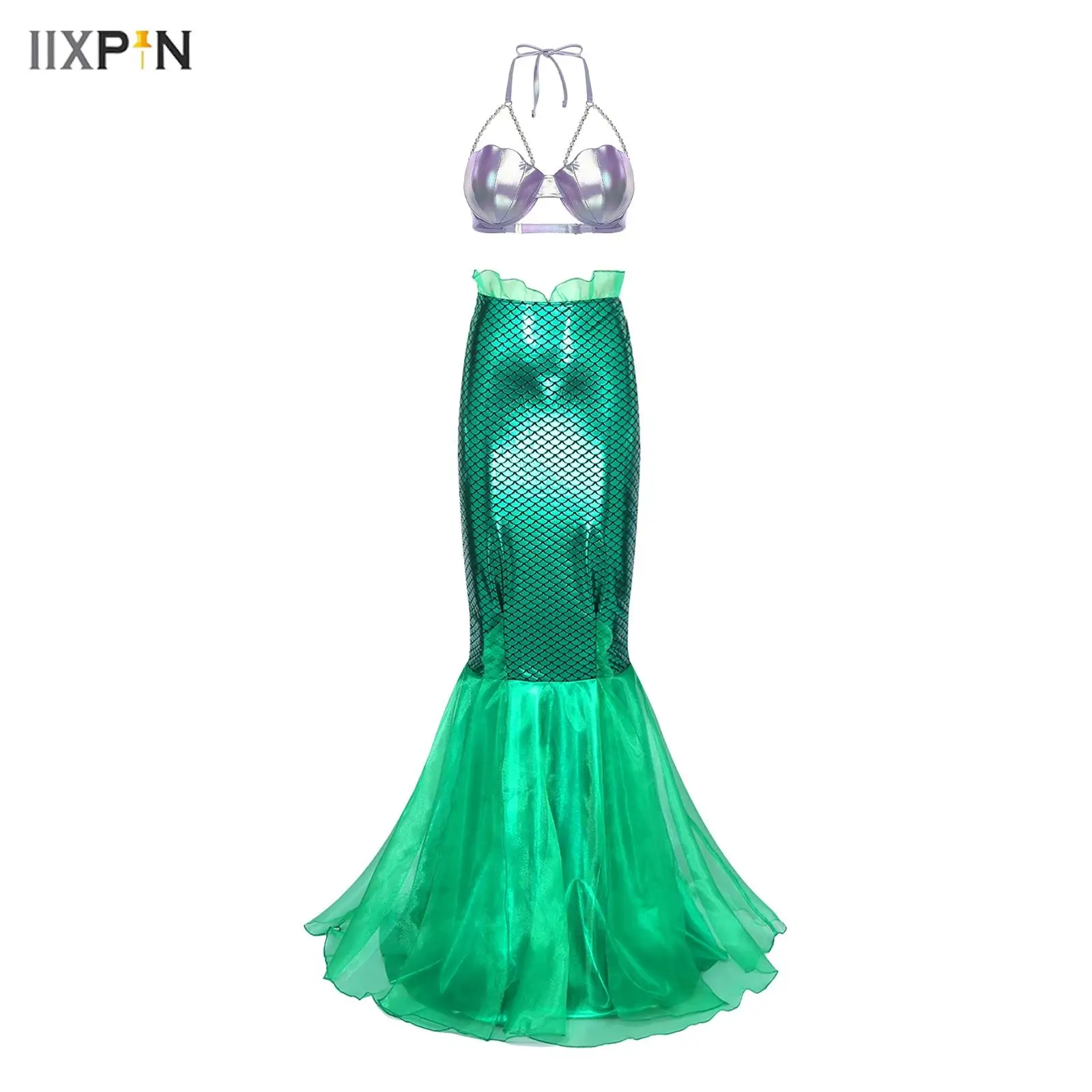 Womens Mermaid Dress-up Costume Shell-shaped Cups Bra and Fish Scale Print Metallic Shiny Maxi Skirt for Halloween Cosplay Party
Womens Mermaid Dress-up Costume Shell-shaped Cups Bra and Fish Scale Print Metallic Shiny Maxi Skirt for Halloween Cosplay Party