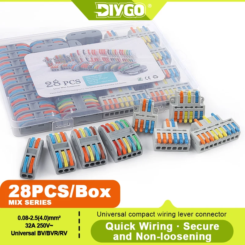 DIY GO 28 PCS Lever Wire Electrical Connectors Nuts Assortment Kit Compact Multiple Conductor Quick Splicing Insulated Terminals
DIY GO 28 PCS Lever Wire Electrical Connectors Nuts Assortment Kit Compact Multiple Conductor Quick Splicing Insulated Terminals