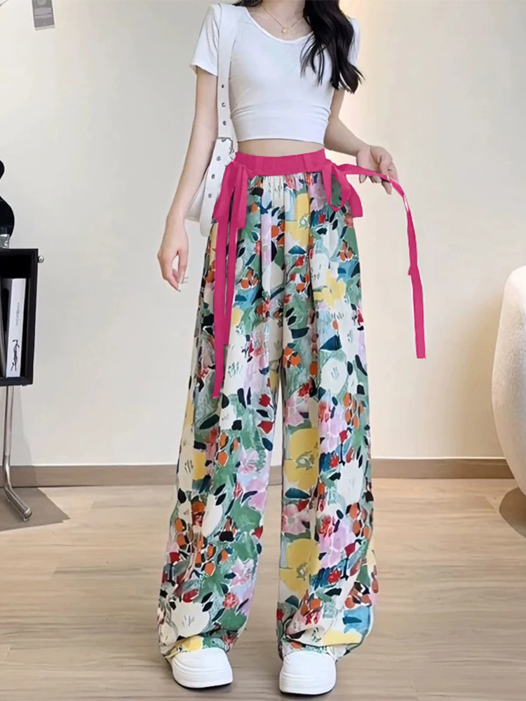 2024 Summer Women Trendy Ice Silk Print Bow Lace Up Straight Wide Leg Pants Casual High Waist Loose Trousers Pantalones De Mujer
2024 Summer Women Trendy Ice Silk Print Bow Lace Up Straight Wide Leg Pants Casual High Waist Loose Trousers Pantalones De Mujer