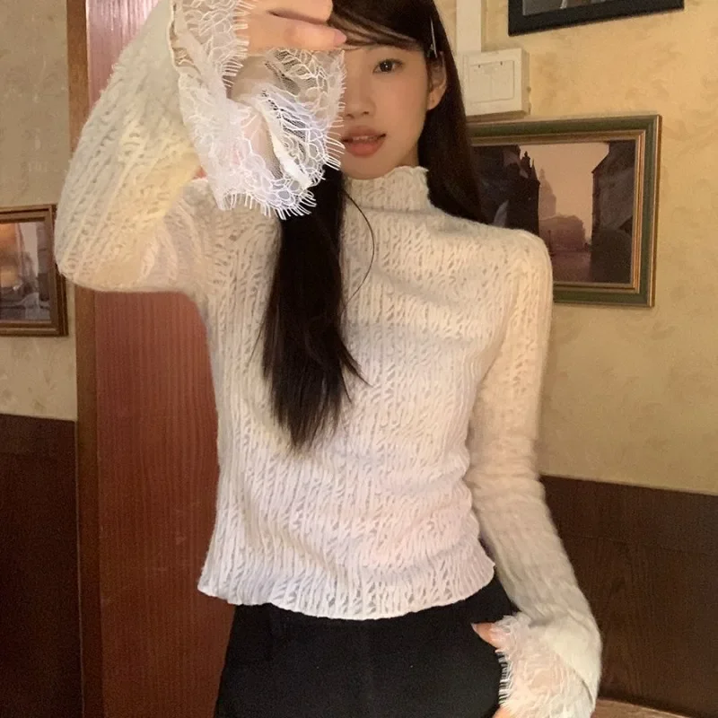 New Elegant Korean All Match Patchwork Lace Long Sleeve Base Pullovers Solid Simple High End Punk Clothes Y2k Temperament Tops
New Elegant Korean All Match Patchwork Lace Long Sleeve Base Pullovers Solid Simple High End Punk Clothes Y2k Temperament Tops