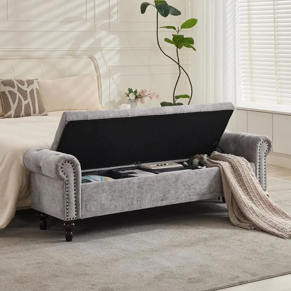 67 King Size Upholstered Chenille Storage Ottoman, Light Grey, with Tufting and Rolled Arms for Bedroom or Living Room
67 King Size Upholstered Chenille Storage Ottoman, Light Grey, with Tufting and Rolled Arms for Bedroom or Living Room