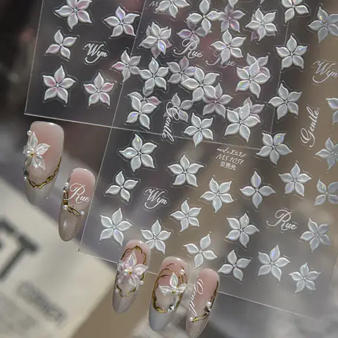 White Plain Magnolia Jasmine Flower Blossoms Floral Fragrant Shiny Petal Adhesive Nail Charms Tip Art 5D Sticker Manicure Decals