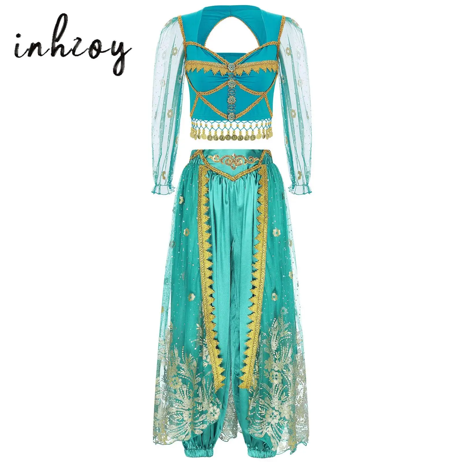 Womens Belly Dance Outfits Long Sleeve Gold Tassel Crop Top And Long Bloomers Skirted with Sheer Mesh for Halloween Party Stage
Womens Belly Dance Outfits Long Sleeve Gold Tassel Crop Top And Long Bloomers Skirted with Sheer Mesh for Halloween Party Stage