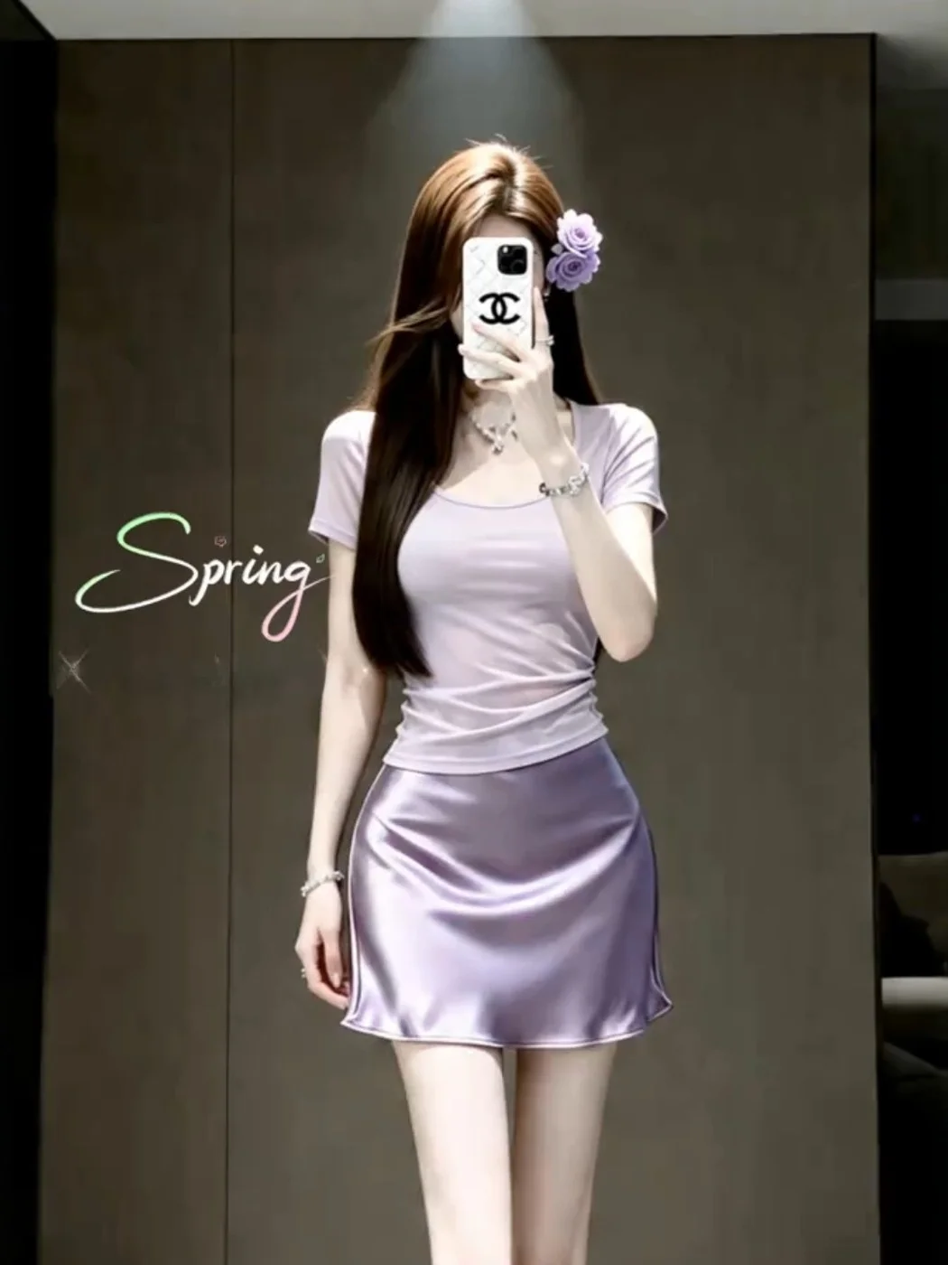 Summer Purple Set Women's Short Sleeve T-Shirt Satin Bodycon Skirt Nightclub Outfit High Waist round Neck Series
Summer Purple Set Women's Short Sleeve T-Shirt Satin Bodycon Skirt Nightclub Outfit High Waist round Neck Series