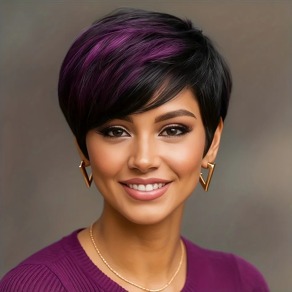 1B/Purple Short Pixie Wig Human Hair for Women with Bangs Virgin Hair Machine Made Rose Net Cap Secure Fit Short Wig for Women
1B/Purple Short Pixie Wig Human Hair for Women with Bangs Virgin Hair Machine Made Rose Net Cap Secure Fit Short Wig for Women