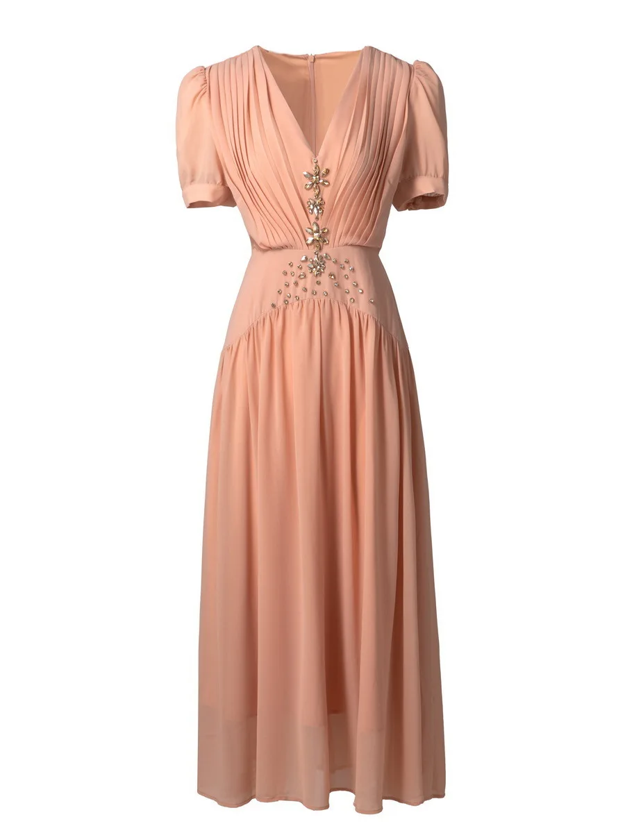 European and American women's clothing 2025 summer new Short-sleeved V-neck Nail drill solid color Fashion pleated dress XXL
European and American women's clothing 2025 summer new Short-sleeved V-neck Nail drill solid color Fashion pleated dress XXL