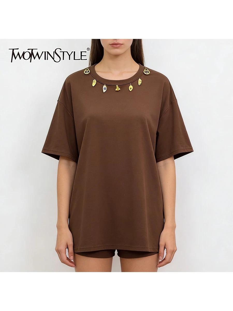 TWOTWINSTYLE Solid Spliced Irregular Bead Fashion T Shirts for Women Round Neck Short Sleeves Design Sense T Shirt Female New
TWOTWINSTYLE Solid Spliced Irregular Bead Fashion T Shirts for Women Round Neck Short Sleeves Design Sense T Shirt Female New