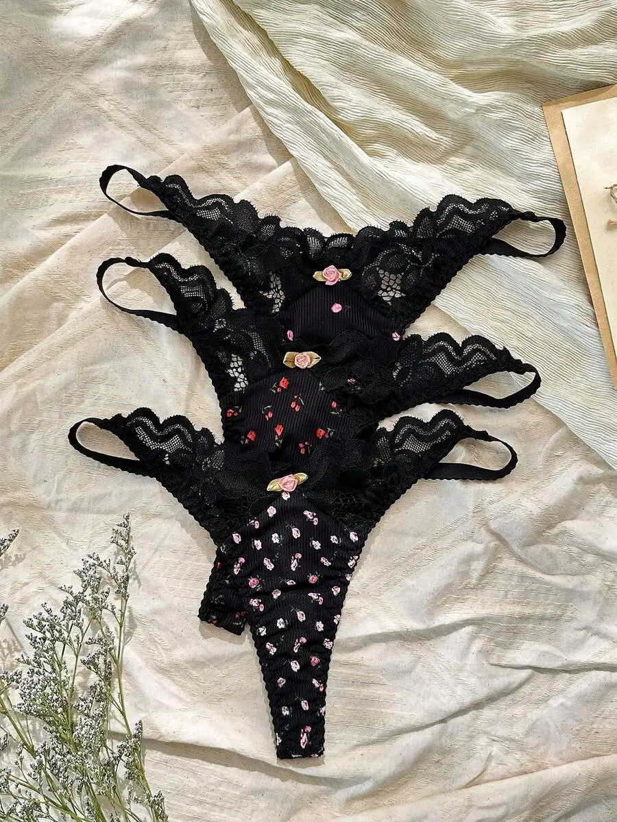 Womens Floral Print Lace G-String Panties Set 3pcs
Womens Floral Print Lace G-String Panties Set 3pcs