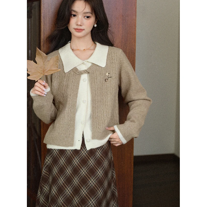 ALXNAN свитер цвета хаки, женский искусственный двухсекционный пуловер с лацканами и длинными рукавами, осень-зима 202, свободный крой, повседневный элегантный трикотаж L57922 
ALXNAN свитер цвета хаки, женский искусственный двухсекционный пуловер с лацканами и длинными рукавами, осень-зима 202, свободный крой, повседневный элегантный трикотаж L57922