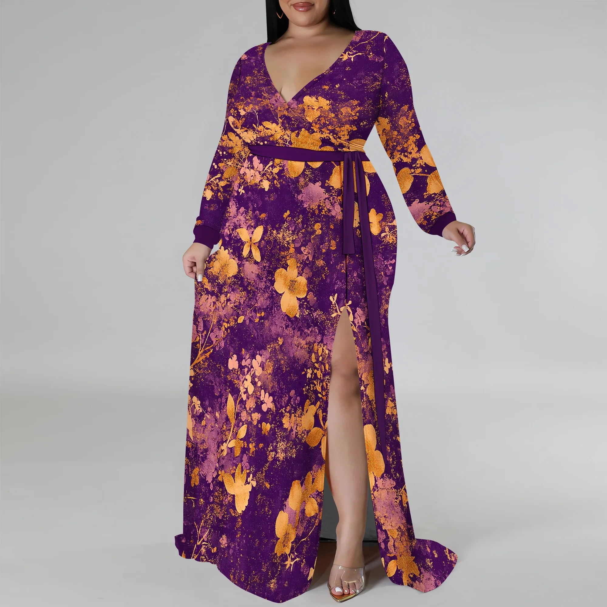 Plus Size Long Sleeve Purple Floral Wrap Maxi Dress for Women, Elegant Party Dress with Side Slit for Spring and Fall
Plus Size Long Sleeve Purple Floral Wrap Maxi Dress for Women, Elegant Party Dress with Side Slit for Spring and Fall