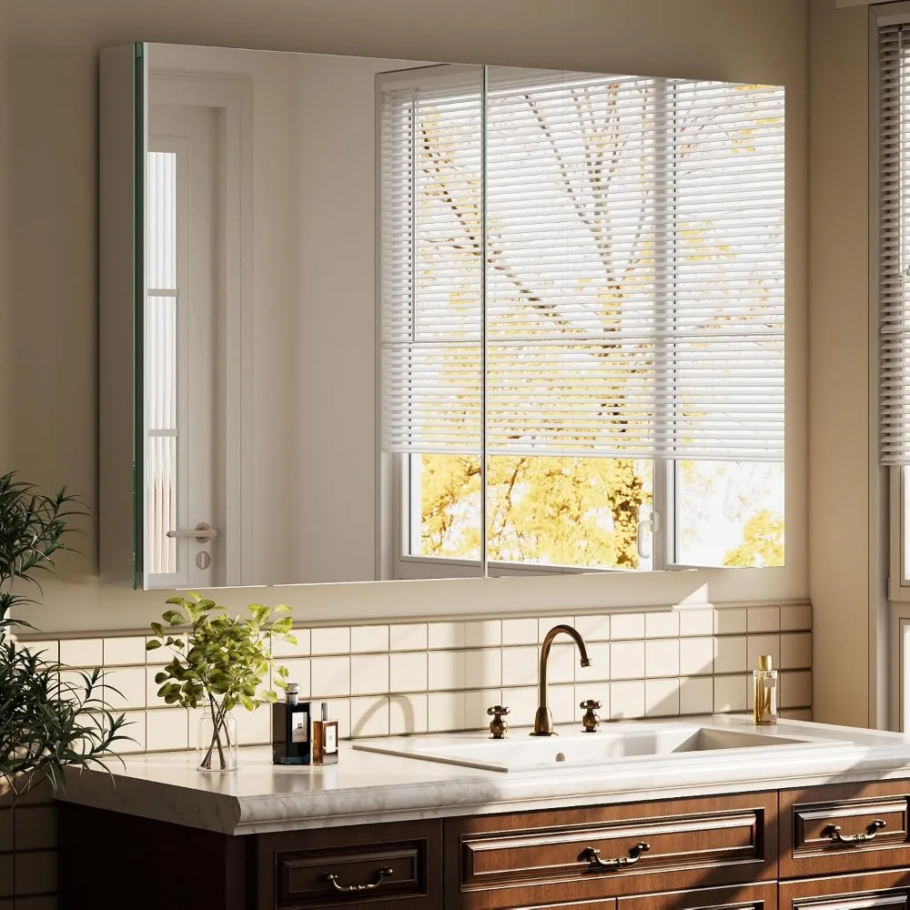 Bathroom Medicine Cabinet with Mirror, 40 Inch x 26 Inch Bathroom Mirror Cabinet with Double Door & Adjustable Shelves, Surface
Bathroom Medicine Cabinet with Mirror, 40 Inch x 26 Inch Bathroom Mirror Cabinet with Double Door & Adjustable Shelves, Surface