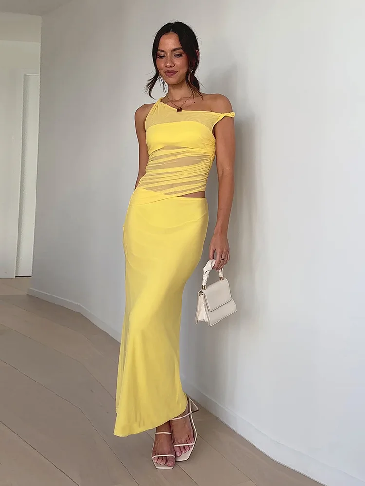 TARUXY Slanted Shoulders Hollow Sexy Long Dress Woman Solid Sleeveless Mesh Splice Slim Dress Fashion New Lady Vacation Clothes
TARUXY Slanted Shoulders Hollow Sexy Long Dress Woman Solid Sleeveless Mesh Splice Slim Dress Fashion New Lady Vacation Clothes