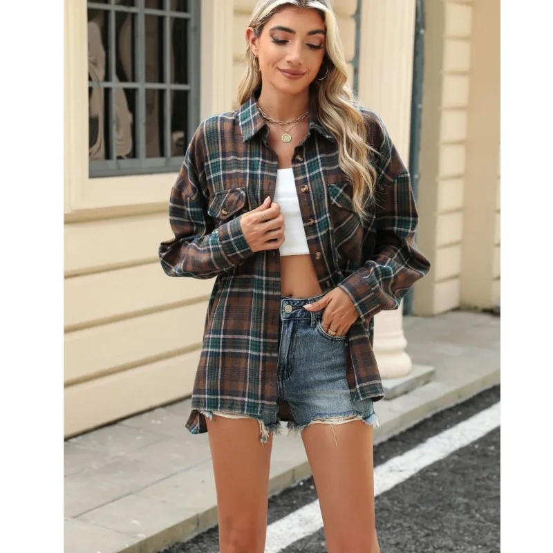 2024 Autumn/winter new style lapel pocket loose long sleeved checkered shirt for women
2024 Autumn/winter new style lapel pocket loose long sleeved checkered shirt for women