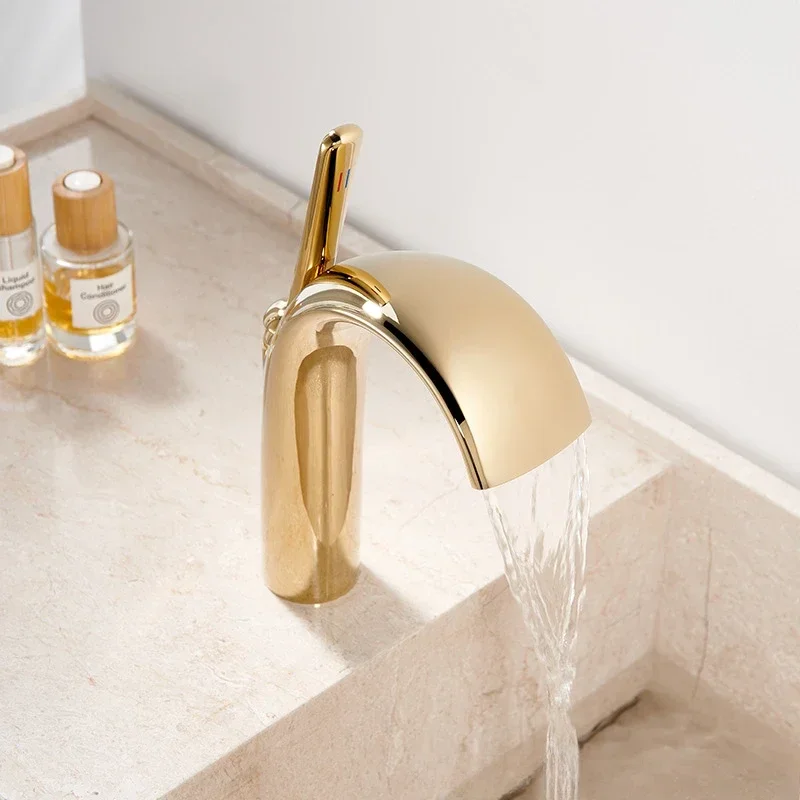 Gold Brass Basin Faucet For Bathroom Hot and Cold Waterfall Spout Washroom Sink Tap
Gold Brass Basin Faucet For Bathroom Hot and Cold Waterfall Spout Washroom Sink Tap