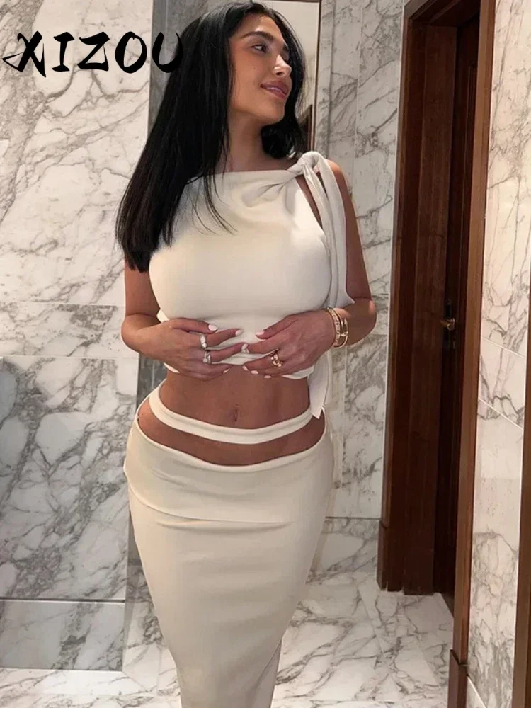 XIZOU Elegant White 2 Piece Sets Women Hipster Sexy One Shoulder Ribbons Crop Tops and Long Skirt Matching Party Club Outfits
XIZOU Elegant White 2 Piece Sets Women Hipster Sexy One Shoulder Ribbons Crop Tops and Long Skirt Matching Party Club Outfits