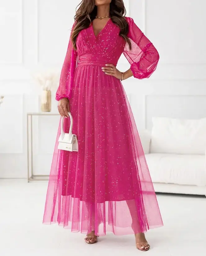 Women Dress 2026 Spring Summer New Fashion Sequin Mesh Patchwork Layered V-Neck Lantern Sleeves Cinched Waist Long Dress
Women Dress 2026 Spring Summer New Fashion Sequin Mesh Patchwork Layered V-Neck Lantern Sleeves Cinched Waist Long Dress