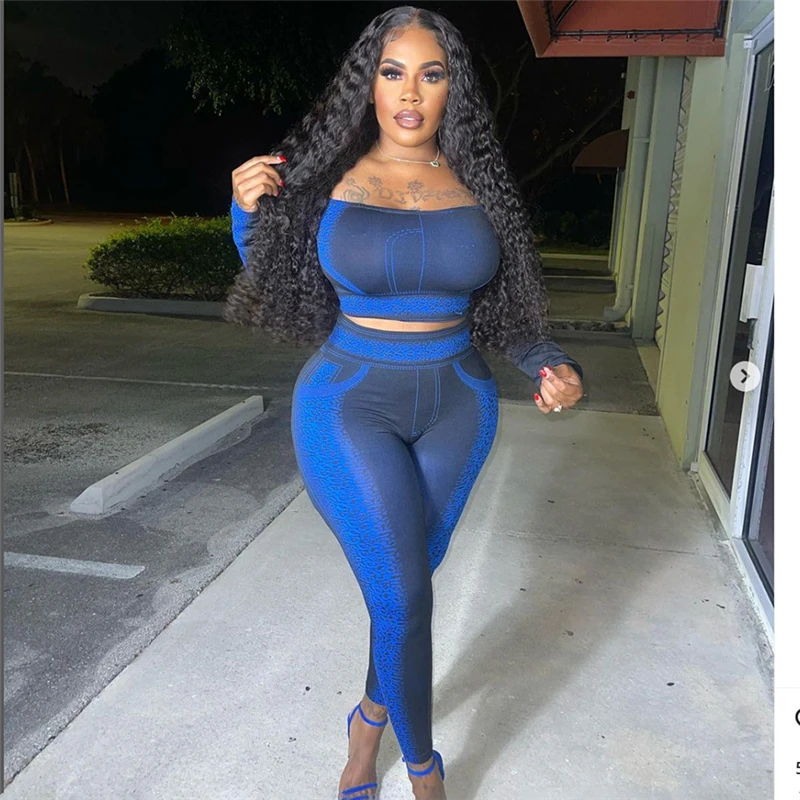 Faux Jeans Print Casual Two Piece Set Women Sexy Off Shoulder Long Sleeve Crop Tops High Waist Skinny Pencil Pants Streetwear
Faux Jeans Print Casual Two Piece Set Women Sexy Off Shoulder Long Sleeve Crop Tops High Waist Skinny Pencil Pants Streetwear