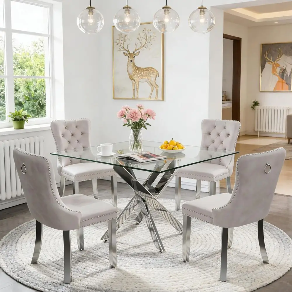 5-Piece Dining Set with 36 Glass Table and 4 Beige Velvet Chairs
5-Piece Dining Set with 36 Glass Table and 4 Beige Velvet Chairs