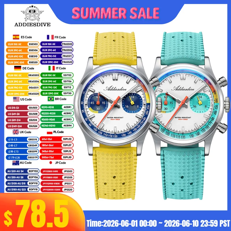 ADDIESDIVE Top Sale 38mm Men Watch 10Bar Waterproof AD2529 BGW9 Super Luminous Fluorocarbon Rubber VK64 Chronograph Quartz Watch
ADDIESDIVE Top Sale 38mm Men Watch 10Bar Waterproof AD2529 BGW9 Super Luminous Fluorocarbon Rubber VK64 Chronograph Quartz Watch
